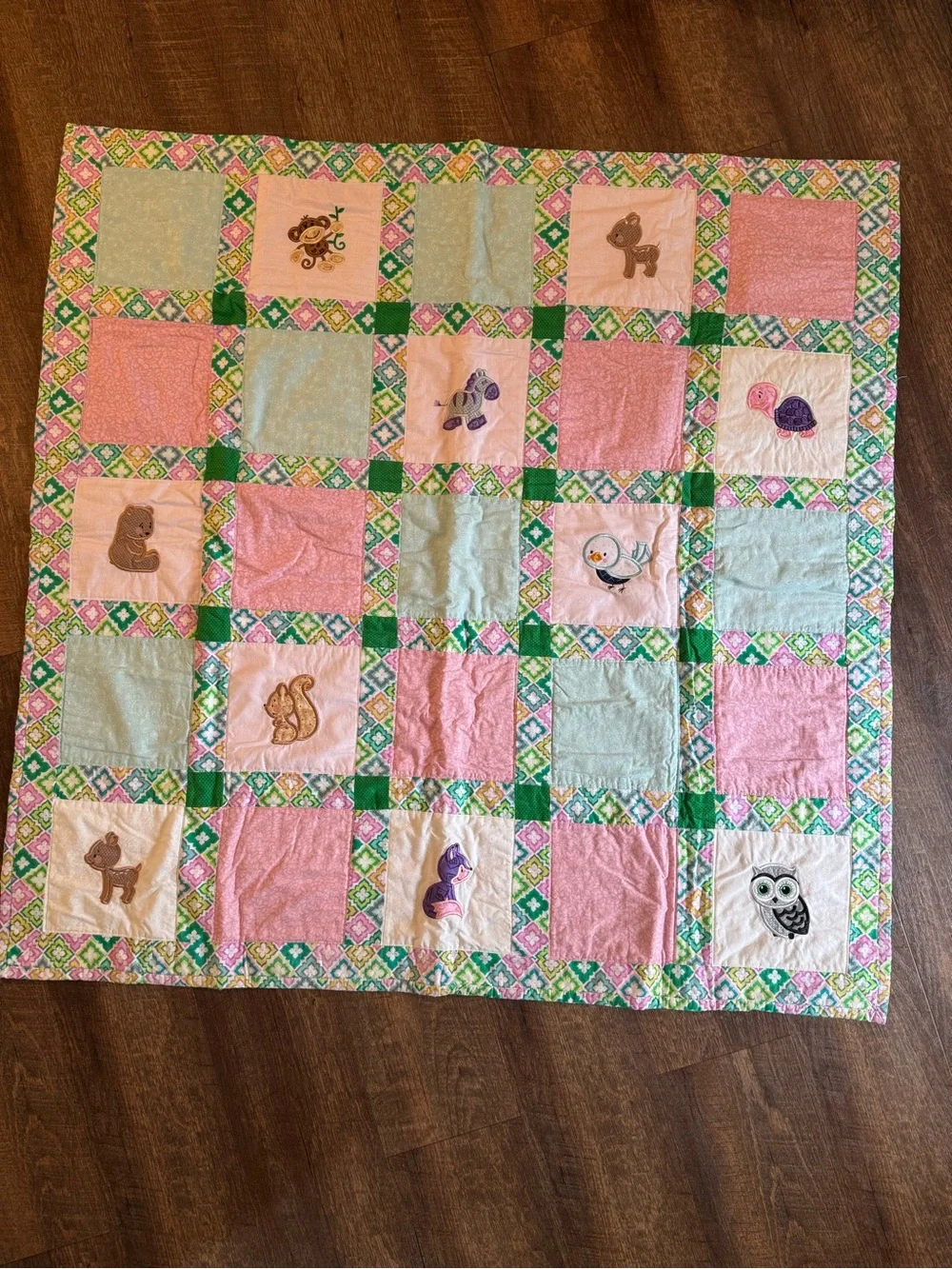 Handmade Pastel Patchwork Baby Quilt with Animal Appliqués - Pink & Mint